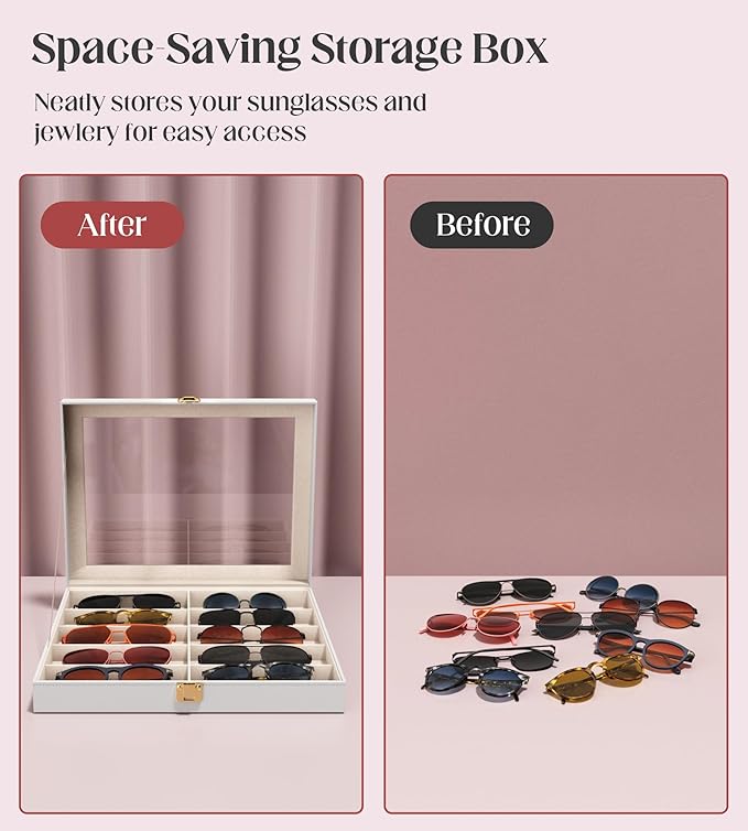sensok Sunglasses Organizer Storage Box - 10 Slots Eyeglass Display Case for Multiple Pair Glasses, Sunglass Holder with Clear Glass Lid, Jewelry and Watch Collection Box for Women and Men, White