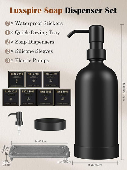 Luxspire Soap Dispenser Set, Hand Soap Dispensers with Fast Drying Tray, 17 oz Glass Refillable Liquid Bottle for Bathroom & Kitchen, Kitchen, 2 Pack, Black + Dark Gray
