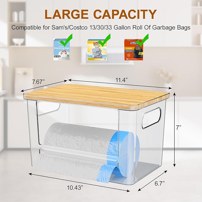 Riian Trash Bag Dispenser Holder, Stackable Garbage Bag Holder with Bamboo Lid, Acrylic Storage Container for Under Sink, Laundry Room Organization and Storage (2 Pack)