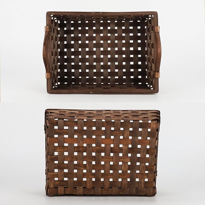 Rectangular Wicker Basket, Woven Wooden Storage Tray with Handles for Gift Bread (Dark Brown)