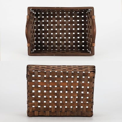 Rectangular Wicker Basket, Woven Wooden Storage Tray with Handles for Gift Bread (Dark Brown)