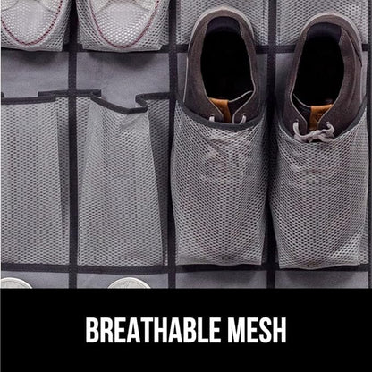 GORILLA GRIP Over the Door Shoe Organizer, 24 Extra Large Breathable Mesh Pockets, Space Saving Hanging Storage Holder, 4 Hook Closet Rack Hanger, Hangs on Closets for Shoes and Accessories, Gray