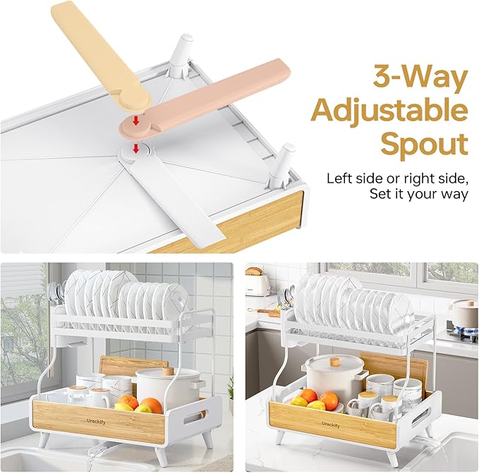 Urackify 2-Tier Dish Drying Rack – Large Capacity Dish Rack with Stainless Steel and Bamboo, Dish Drainers for Kitchen Counter, Drying Rack Kitchen with Utensil Holder and Drainboard, White