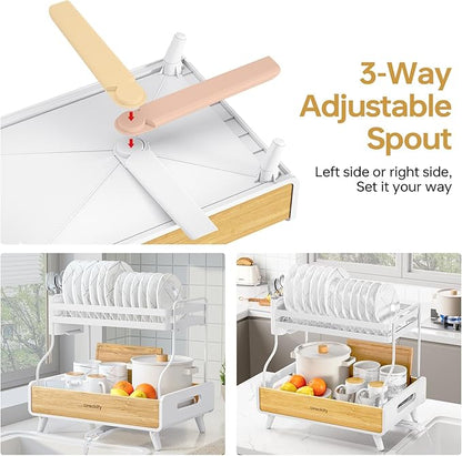 Urackify 2-Tier Dish Drying Rack – Large Capacity Dish Rack with Stainless Steel and Bamboo, Dish Drainers for Kitchen Counter, Drying Rack Kitchen with Utensil Holder and Drainboard, White