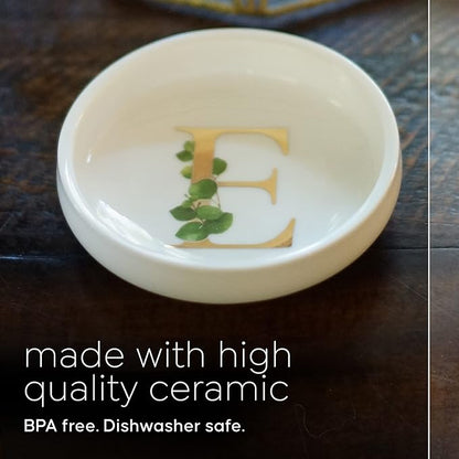 Trinket Tray Jewelry Dish with Monogrammed E in Gold Ring Holder - White Trinket Dish - Personalized Ring Dish or Jewelry Tray - Cedar & Ink (E)