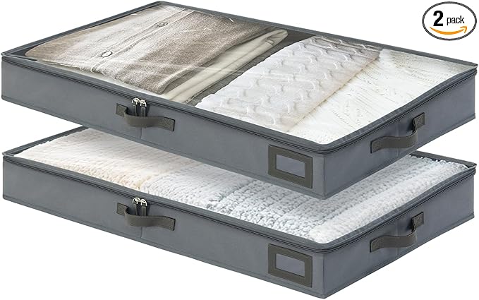 PLUMGEAN 4-Inch Under Bed Storage Containers (2-Pack) | Sturdy Sidewalls | Clear Cover & Label Holder | Foldable Fabric Closet Bin Organizer | Stores Clothing/Blankets/Sweaters/Sheets