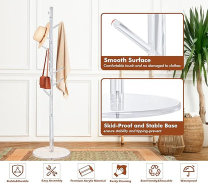 KOLUTI Acrylic Coat Rack Stand, with 8 Hooks 3 Section Adjustable Height, Hats Bags Jacket Clothes Scarves Hanger Organizer Tree Shaped Shelf Umbrella Holder, for Bedroom Entryway Living Room Office