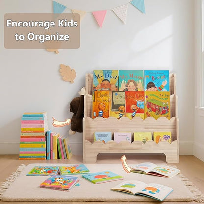 Kids Bookshelf Wooden 3-Tier, Scalloped Book Shelf for Kids Rooms, Front Facing Toddler Montessori Bookshelf, Baby Nursery Book Shelves Kid Classroom Book Shelf Bookcase