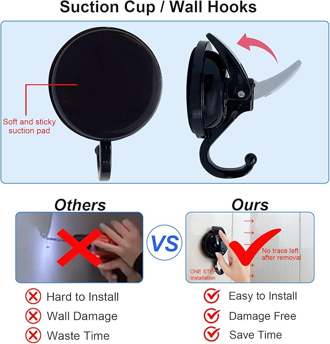 YSSILADI Heavy Duty Suction Cup Hooks for Shower, Bathroom Robe, Garland Decoration - Vacuum Glass Hooks, Reusable, No Hole Punched (Black, 4 Pack)