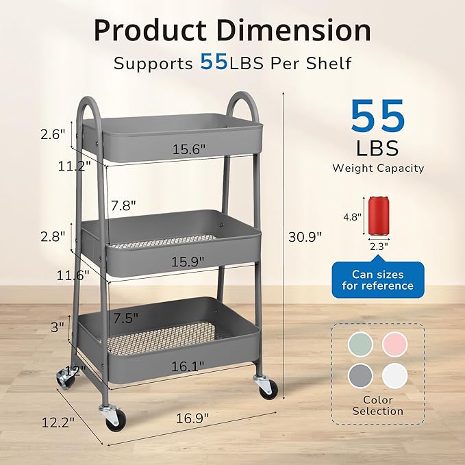 Rolling Carts with Wheels, 3 Tier Storage Cart for Kitchen Snack Cart with Lockable Wheels, Utility Storage Organizer Carts Diaper Cart for Nursery, Grey