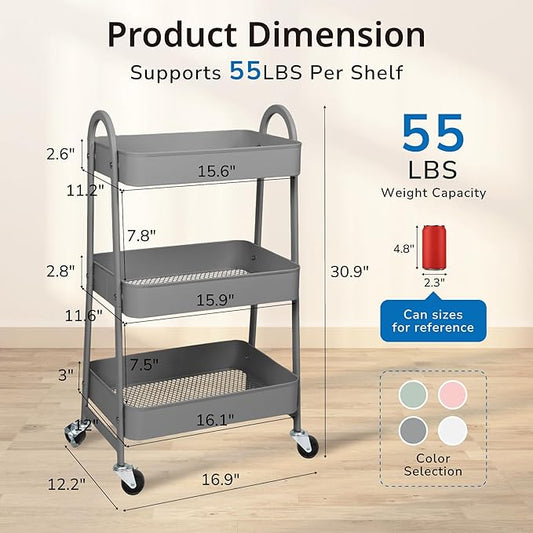 Rolling Carts with Wheels, 3 Tier Storage Cart for Kitchen Snack Cart with Lockable Wheels, Utility Storage Organizer Carts Diaper Cart for Nursery, Grey