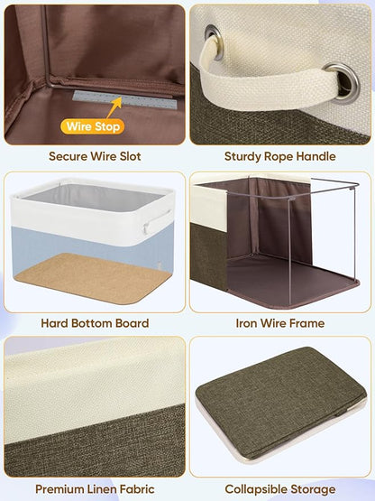 BALEINE 3 Pack Fabric Storage Bins for Shelves, Linen Storage Baskets for Organizing, Decorative Closet Bins for Clothes, Home (Brown, 12"x8"x8")