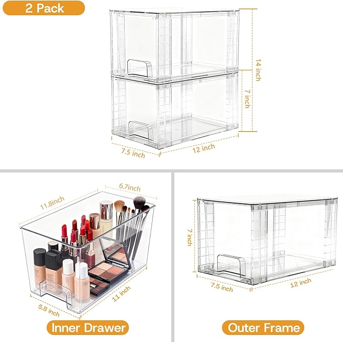 4 Pack Large Stackable Storage Drawers, Acrylic Bathroom Undersink Closet organizers and storage, Clear Plastic Bins for Pantry, Kitchen Cabinets, Makeup, Perfume, Baby Bottles, Medicine Organization
