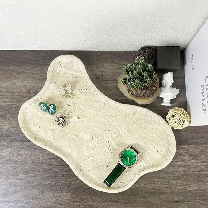 Cloud Shape 100% Natural Travertine Tray Luxury Travertine Vanity Organizer for Bathroom Kitchen Counter, Decorative Tray for Dresser Home Décor, 13.3x8.3x0.7 inches