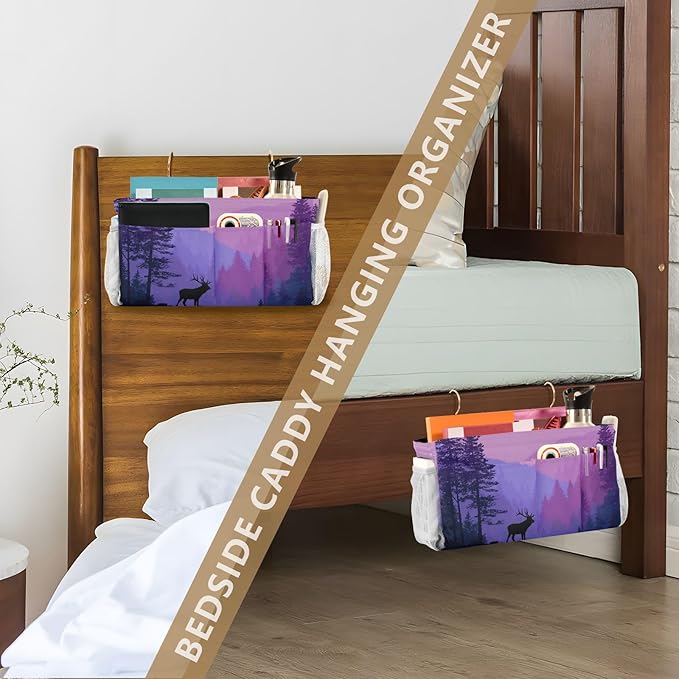 CuwrYet Bedside Caddy Hanging Bunk Bed Caddy Bed Organizer Hanging Pocket with 2 Hooks Bedside Storage Organizer Pocket Bag Holder Purple Stag Mountains and Forest