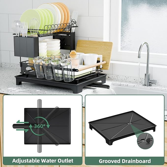 Vathingood 2 Tier Dish Drying Rack, Drying Rack with Automatic Drainboard, Dish Racks for Kitchen Counter, Rustproof Dish Drainer with Removable Utensil Holder, Cups Holder, Black