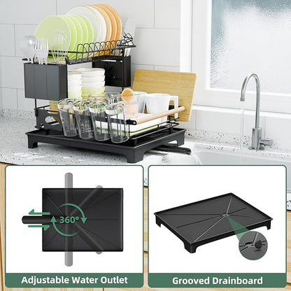 Vathingood 2 Tier Dish Drying Rack, Drying Rack with Automatic Drainboard, Dish Racks for Kitchen Counter, Rustproof Dish Drainer with Removable Utensil Holder, Cups Holder, Black