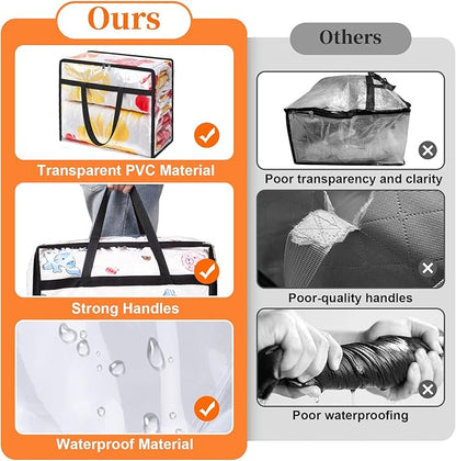 SpaceTrove Clear Clothes Storage Bags, 8 Pack Closet Organizers and Under Bed Storage Containers, Foldable Moving Bags with Zippers for Comforter, Blanket, Bedding, Duvet, PVC Packing Bags 60L