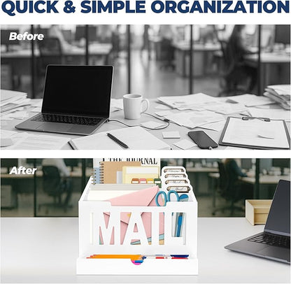 Mail Organizer Countertop – White Holder for Desk with 4 Slots, Drawer & Label Tags, Decorative Desktop Sorter, Envelope Tray for Home Office Organization (11x7x9.5 in)