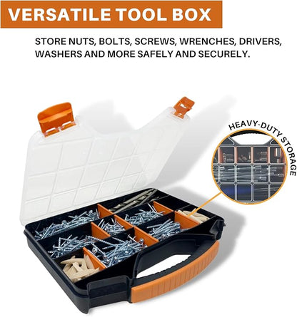 Massca Hardware Organizer box with dividers - 18 Compartments Small Parts Organizer with Accessible Hinged Lid - Durable Plastic Screw Organizer Store Nuts, Bolts, Screws, Nails, & Small Hardware