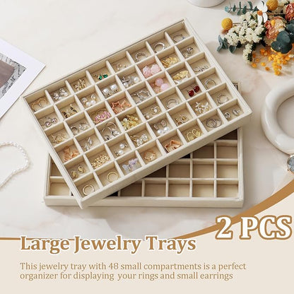 KATISYIO Large Velvet Jewelry Tray 2 Pack Stackable Jewelry Display Drawer Inserts Trays Organizer for Earring Bracelet Necklace Ring (Beige, 48 Grids)