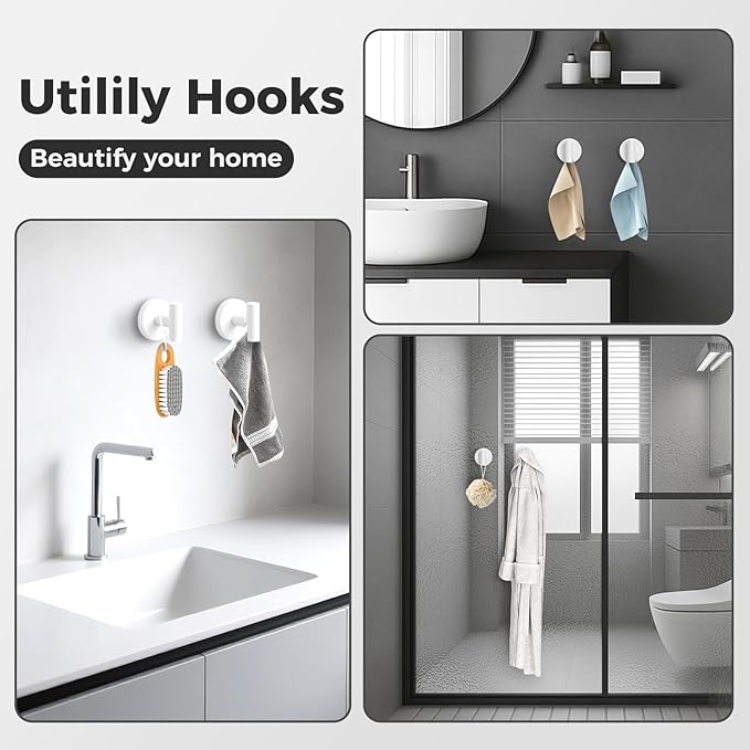 WingWider Shower Hooks for Inside Shower,No-Drill Removable&Reusable Towel Hooks for Bathroom,Heavy Duty Suction Cup Hooks for Glass Window,2 Packs(White)