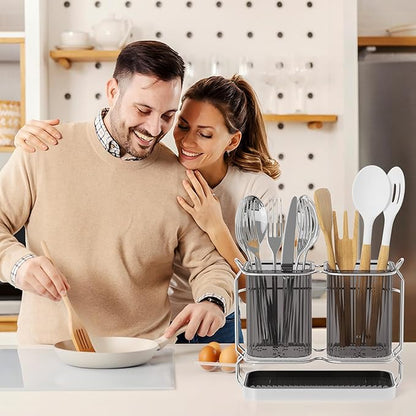 First-zgel Utensil Holder Counter, 6.7" Plastic Silverware Caddy, Utensil Holder for Party, 2 Cup Flatware Organizer for Kitchen Wall Mount, Forks Spoons Knives Storage with Drain Tray (Black)