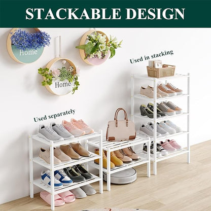 Smiry Small Bamboo Shoe Rack 2-Tier, Stackable Wooden Shoe Organizer for Entryway & Closet, Free Standing Wood Shoe Storage Shelf for Front Door & Small Spaces, White