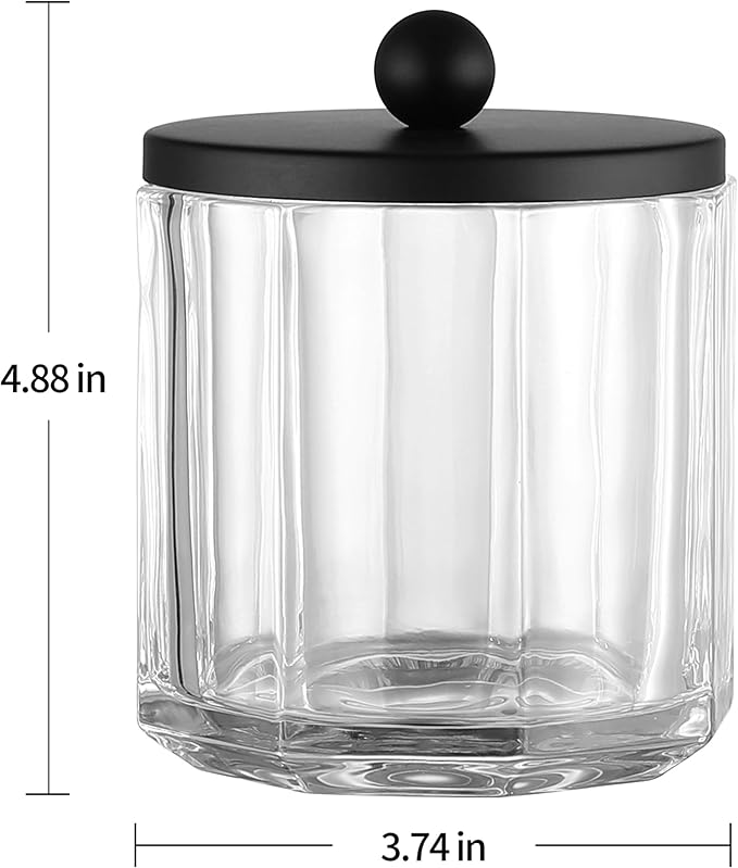 Indecor Home Clear Transparent Apothecary Octagional Shaped Glass Canister Jar With Matte Black Metal Lid Cover for Bathroom Organization, Cotton Balls, Q Tips, and Small Accessories, Bath Storage