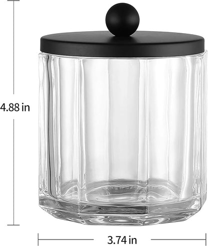 Indecor Home Clear Transparent Apothecary Octagional Shaped Glass Canister Jar With Matte Black Metal Lid Cover for Bathroom Organization, Cotton Balls, Q Tips, and Small Accessories, Bath Storage