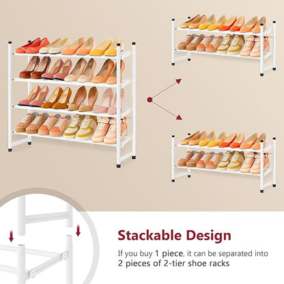 Tajsoon Expandable Shoe Rack for Closet 4 Tier, 29“-41“Adjustable & Stackable Shoe Shelf Storage, Metal Shoe Rack Organizer for Front Door Entrance, Closet, Garage, Entryway, White