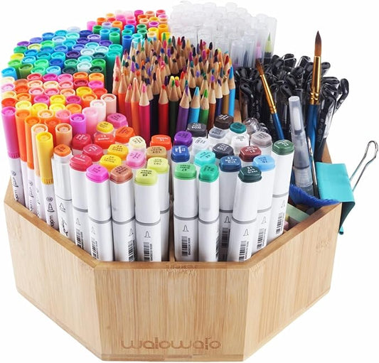 walowalo Bamboo Rotating Art Supply Organizer Holds 800+ Pencils Spinning Crayon 160 Marker Organzier Holder Christmas Gift Desk Brush Storage for Office Classroom Organization Stationary (Larger VER)