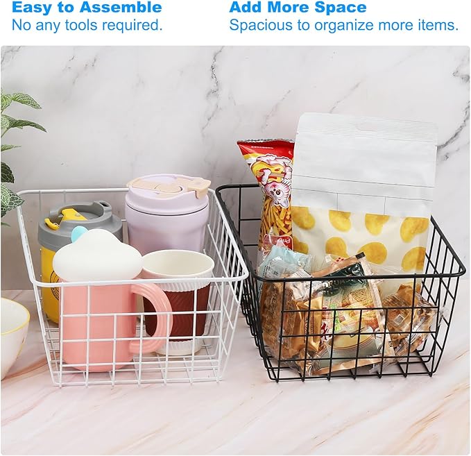 PATIKIL Kitchen Wire Basket, 2 Pack 11"L 9"W Pantry Organization Metal Storage Organizer Household Refrigerator Bin with Handles for Cabinets Closets Bedrooms, White
