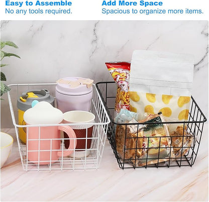 PATIKIL Kitchen Wire Basket, 2 Pack 11"L 9"W Pantry Organization Metal Storage Organizer Household Refrigerator Bin with Handles for Cabinets Closets Bedrooms, White