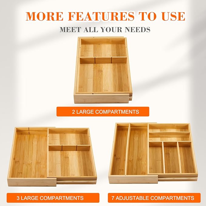 Briwooody 1 Pcs Bamboo Drawer Organizer 9'' up to 18'' x 15'' x 2'' Expandable Drawer Organizer Pens Notebook Ruler Makeup Tray with 7 Adjustable Compartments for Desk Office Kitchen Bathroom(Wood)