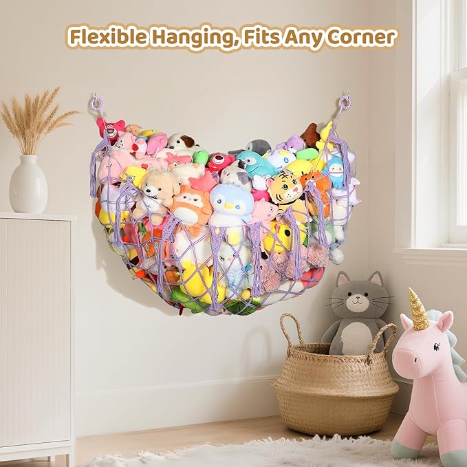Yecaye 60 IN Stuffed Animal Net Hammock, Hanging Stuffed Animal Storage with Handmade Macrame Tassels, Net for Stuffed Animals Corner Large for Nursery Living Room Wall Decoration, Lavender Purple