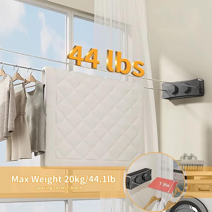 Retractable Clothesline Indoor & Outdoor, Non-Sagging Wall Mounted Drying Rack Clothesline, 16.7 Ft Stainless Steel Wire Double Clothes Lines, Hanging Clothes line for Balcony, Courtyards(Black)
