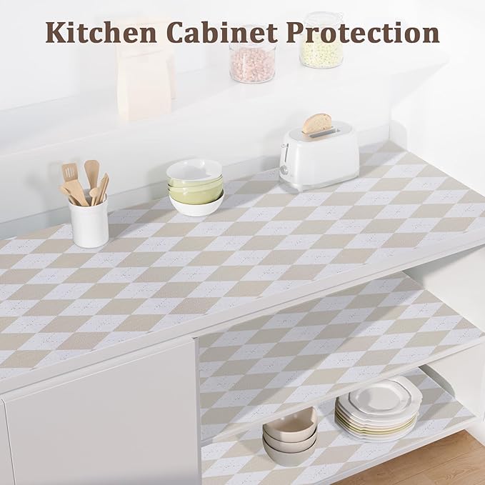 Beige Shelf Liner for Kitchen Cabinets 12" x 240" Non-Adhesive Non-Slip Drawer Liners for Dresser, Waterproof Washable Paper, Durable Protector Mat for Pantry Shelves Cupboards