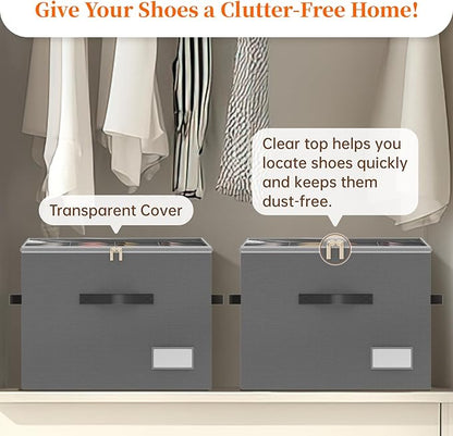 3 Pack Shoe Organizer for Closet, Foldable Shoe Storage Containers, Fits up to 24-48 Pairs, Shoe Storage Organizer Box Cubby Baskets Bins with Clear Cover and Reinforced Handles, Gray