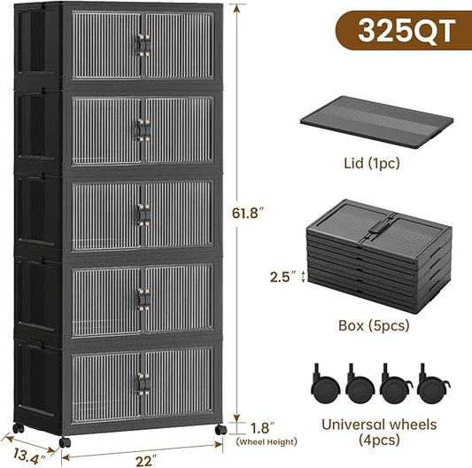 SAILUN 81Gal/325Qt Stackable Storage Bins Folding Collapsible Storage Bins with Lid, Closet Organizers and Storage Box with Door Black 22" W x 13" D x 62" H