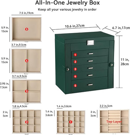 Frebeauty Large Jewelry Box,6-Tier PU Leather Jewelry Organizer,Multi-functional Storage Case with Mirror,Accessories Holder with 5 Drawers for Necklace Bracelets Watches(Blackish Green)