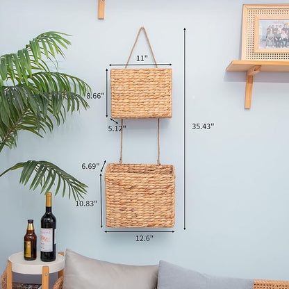 YAHUAN Woven Water Hyacinth Hanging Basket 2-Tiered Rectangular Storage Baskets Over the Door Organizer Hanging Organizer Hanging Wall Basket for Home,Kitchen,Garden, Office (Rectangular)