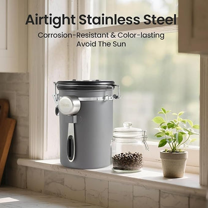 Veken Coffee Canister, Airtight Stainless Steel Kitchen Food Storage Container with Date Tracker and Scoop for Grounds Coffee, Beans, Tea, Flour, Cereal, Sugar, 22OZ, Gray