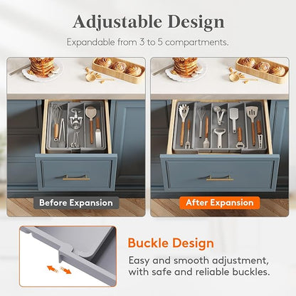 Lifewit Cooking Utensil Drawer Organizer, Expandable from 11 to 18 inches, Adjustable Cutlery Silverware Tray, Plastic Flatware Spatula Holder, Kitchen Tools Gadgets Storage Divider, Gray