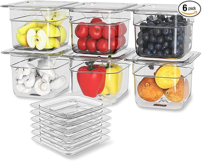 HNEDSEN 6 Pack Plastic Food Pan with Lid 1/6 Size 4 Inch Deep Restaurant Clear Food Storage Containers with lids Polycarbonate Commercial Hotel Pans for Fruits Vegetables Beans Corns (6 PCS, 4'' Deep)