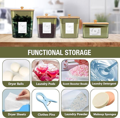 4 Pack Laundry Pods Container & Dryer Sheet Holder, Plastic Pod Holder with Lids & Scoops, Laundry Room Organization and Storage Sets for Powder, Detergent, Scent Booster