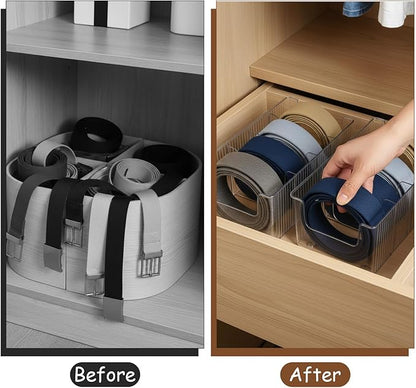 Afcabakila 2-Pack Belt Storage Organizer, Acrylic Belt Organizer with 8 Detachable Compartments, Clear Belts Holder for Closet & Drawer, Fits Most Sizes, Space-Saving Design for Ties, Bows & Jewelry