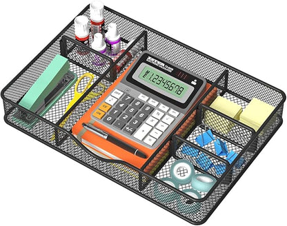VyGrow Desk Drawer Organizer, Metal Mesh Drawer Organizer Tray with 6 Adjustable Compartment, Tray Organizer for Desktop, Kitchen, Bathroom, Makeup, Vanity - 14.5x8.8x1.96 inch, Black, 1PC Large