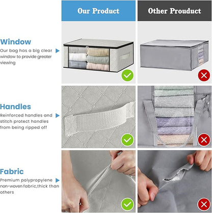 HomeHacks Storage 8-Pack Clothes Organizer Storage Bags Foldable Storage Box with Large Clear Window Sturdy Handles for Closet, Dorm, Pillows, Bedding, Clothes, Blankets, 35L, Ivory