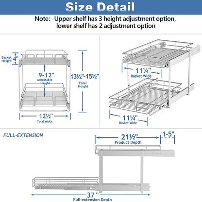 2 Tier Individual Pull Out Cabinet Organizer 12½" W x 21½" D, Heavy Duty Cabinet Pull Out Shelves, Slide Out Drawers Organization for Kitchen Cabinets Bathroom